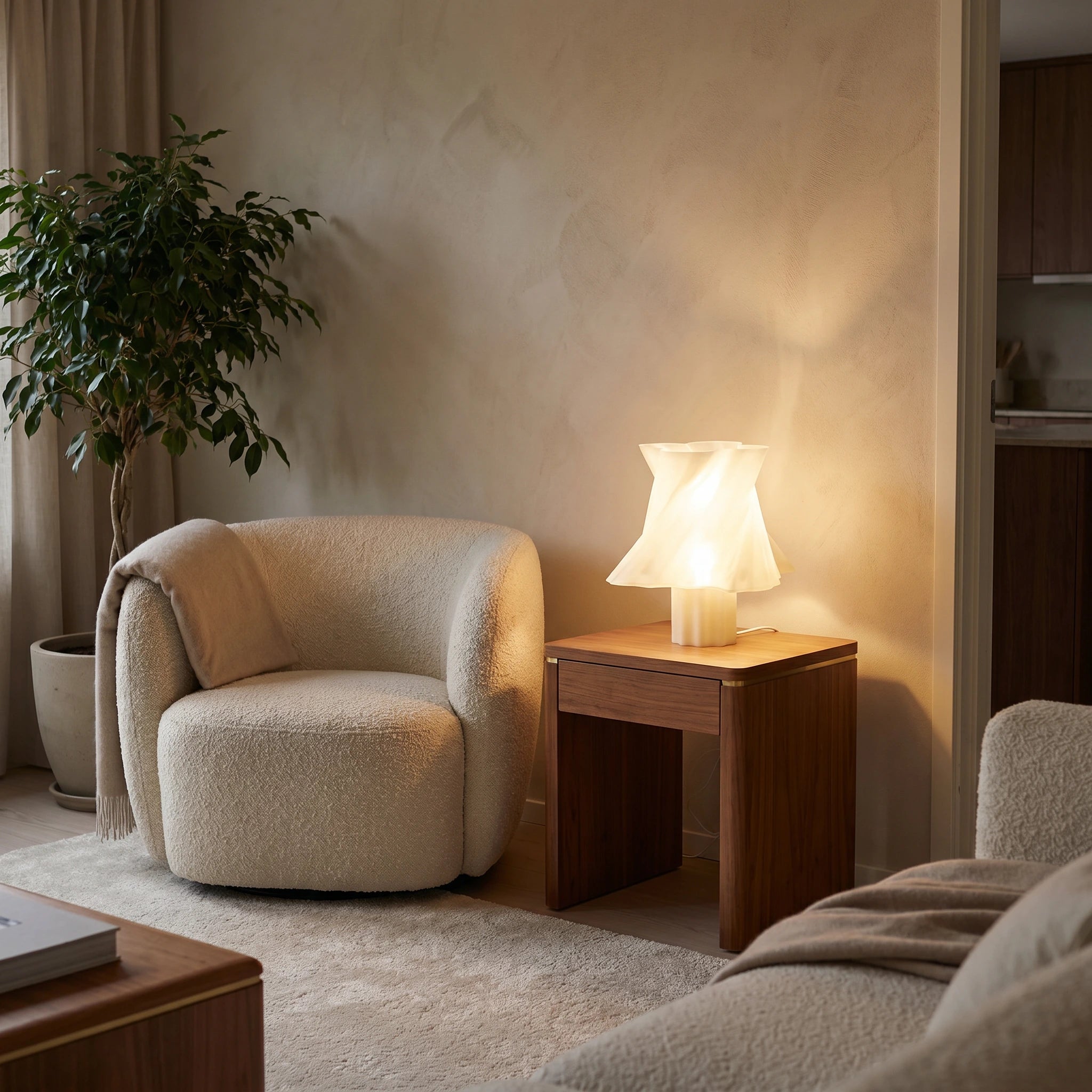 Lampe Cloud Dancer beige satiné allumée dans un salon — luminaire design made in France — LUMY PARIS
