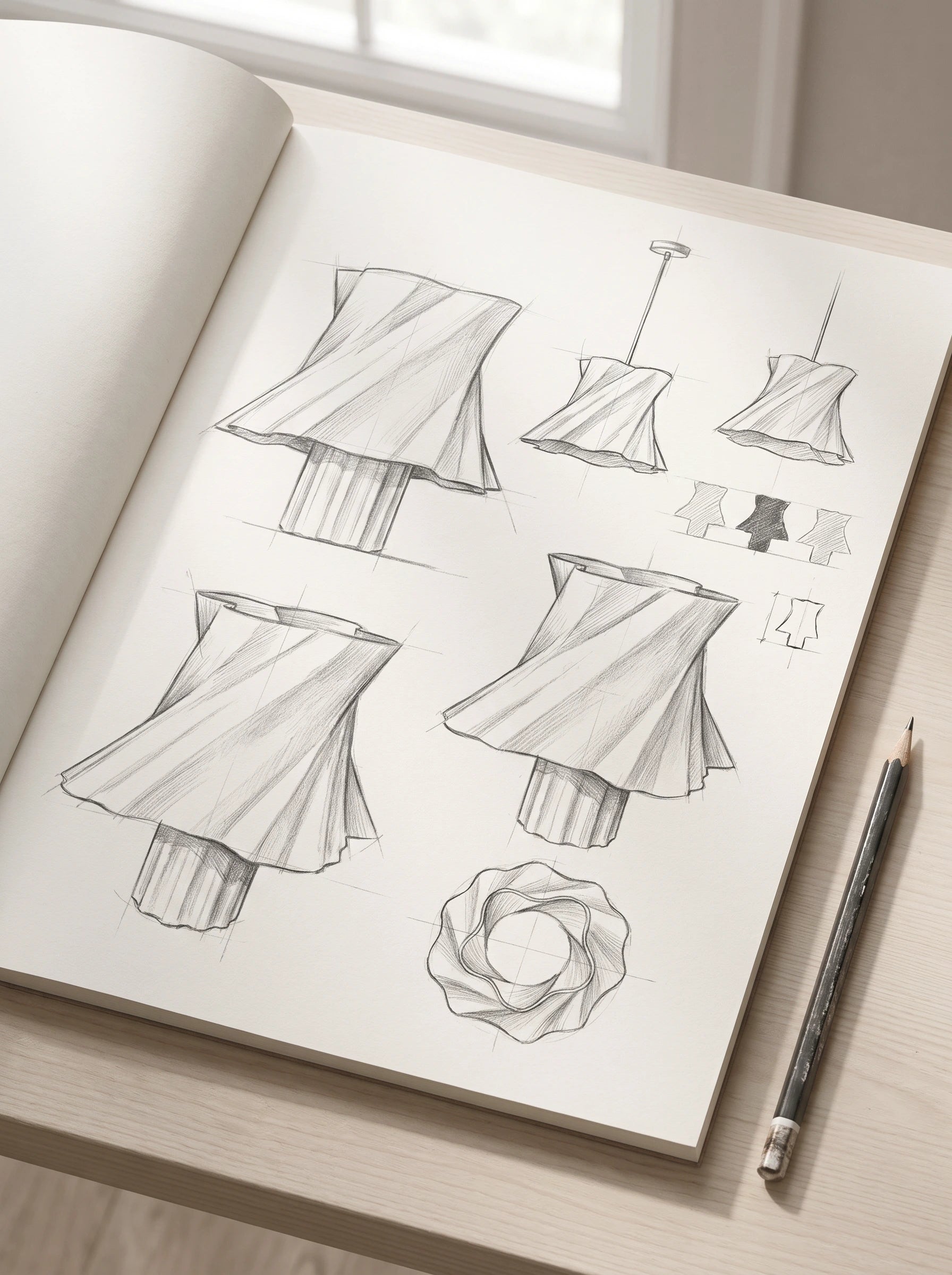 Croquis au crayon de la lampe Cloud Dancer dans un carnet de création — processus de design — LUMY PARIS