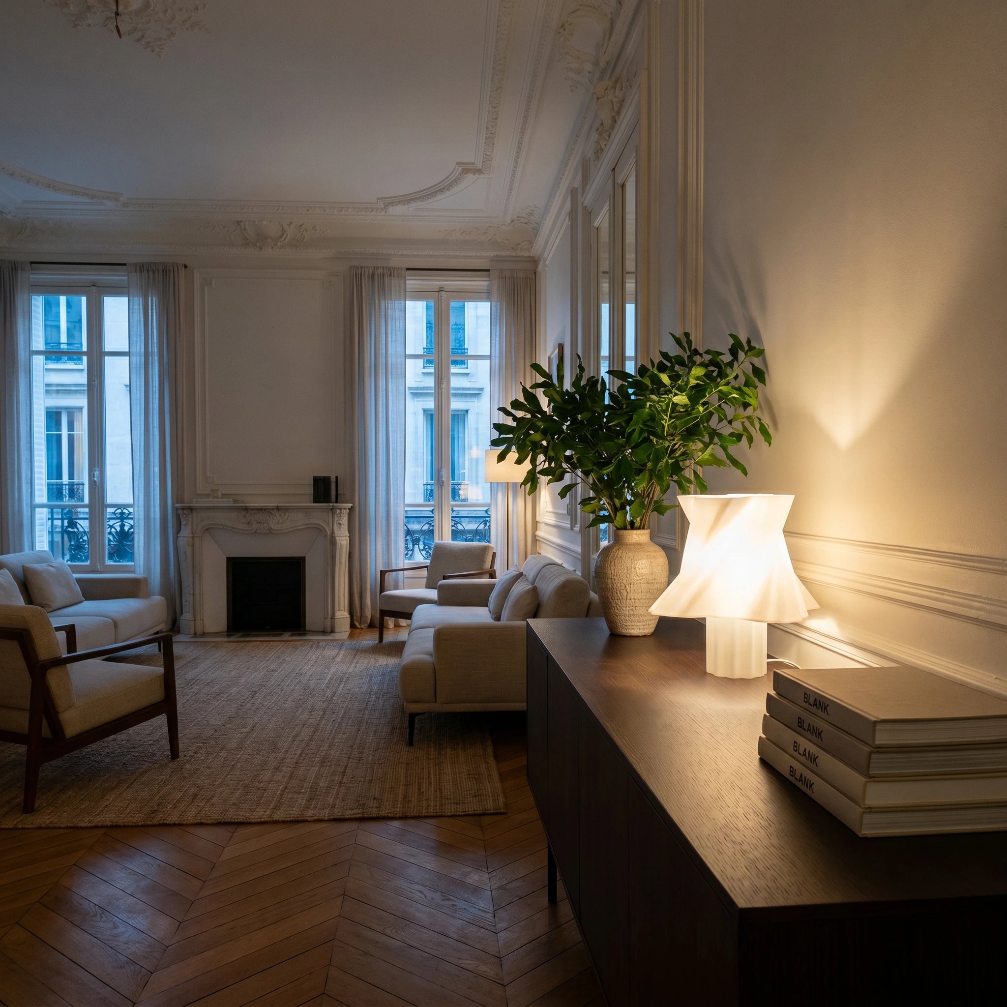 Lampe blanche pure design allumée, lumière douce — luminaire made in France — LUMY PARIS