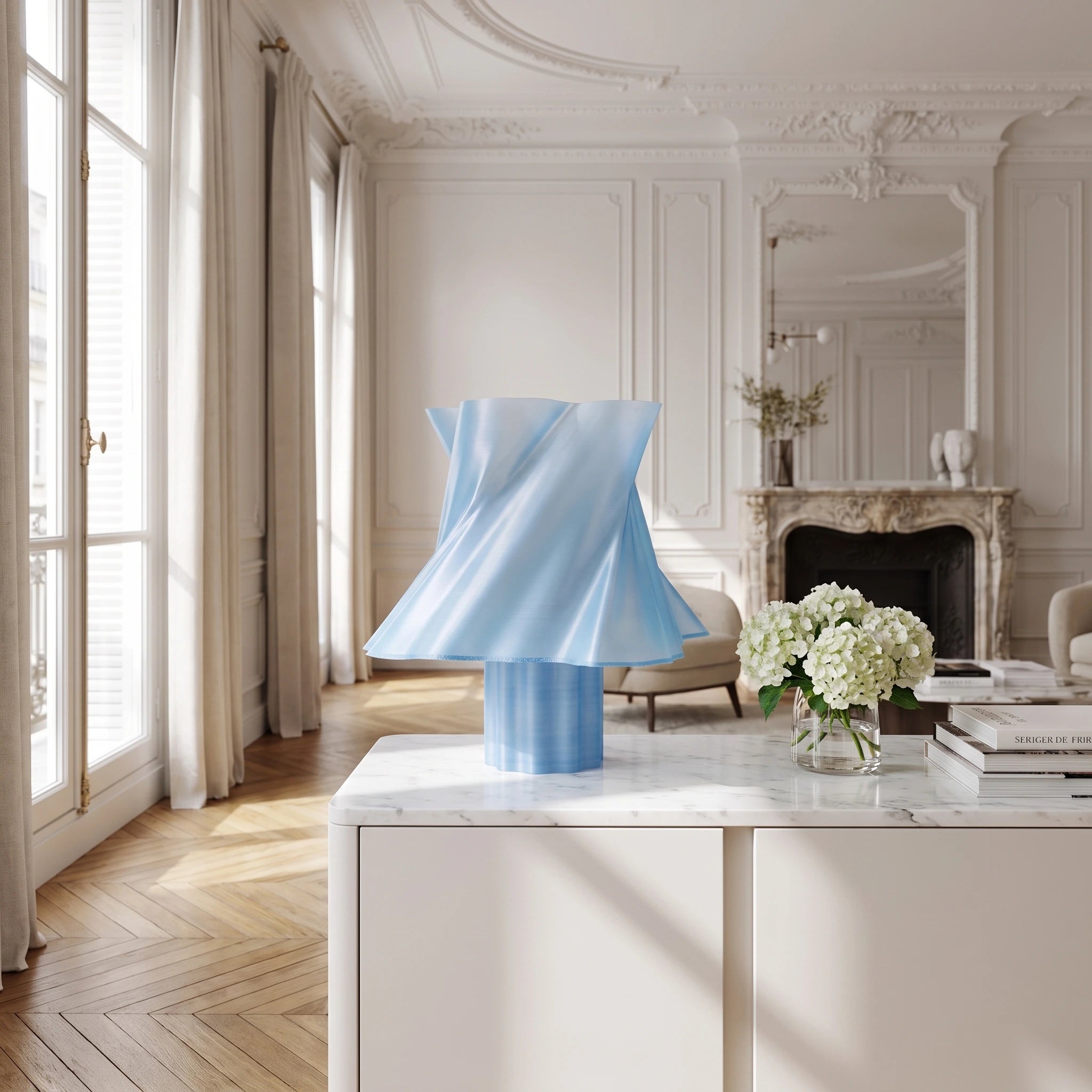 Lampe bleue design éteinte dans un salon contemporain — luminaire made in France — LUMY PARIS