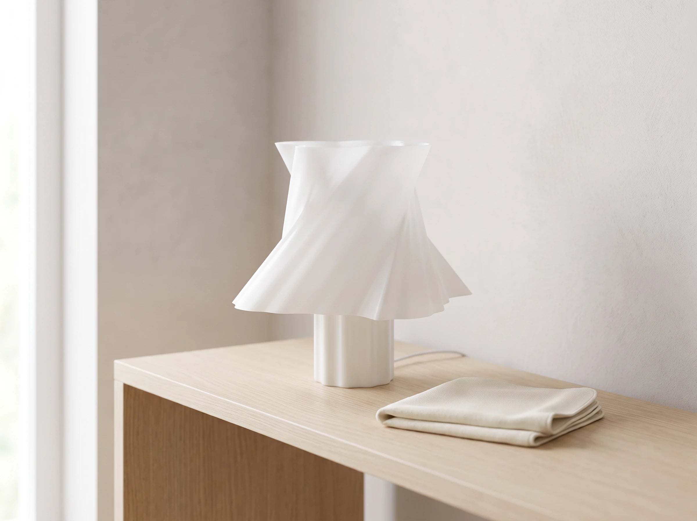 Lampe de table Cloud Dancer blanche posée sur une console en bois — salon contemporain lumineux — LUMY PARIS