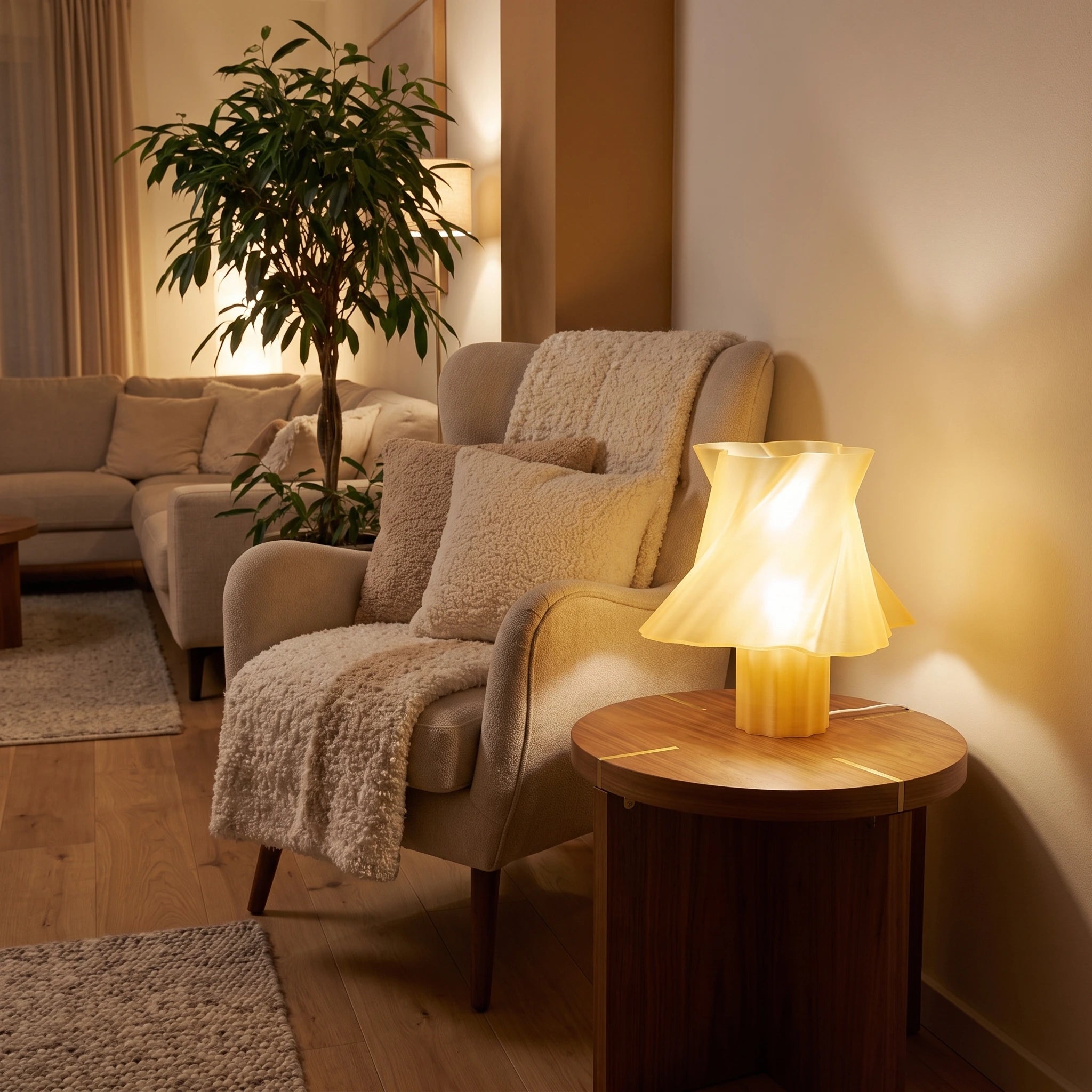 Lampe jaune moutarde design allumée, ambiance chaleureuse — luminaire made in France — LUMY PARIS