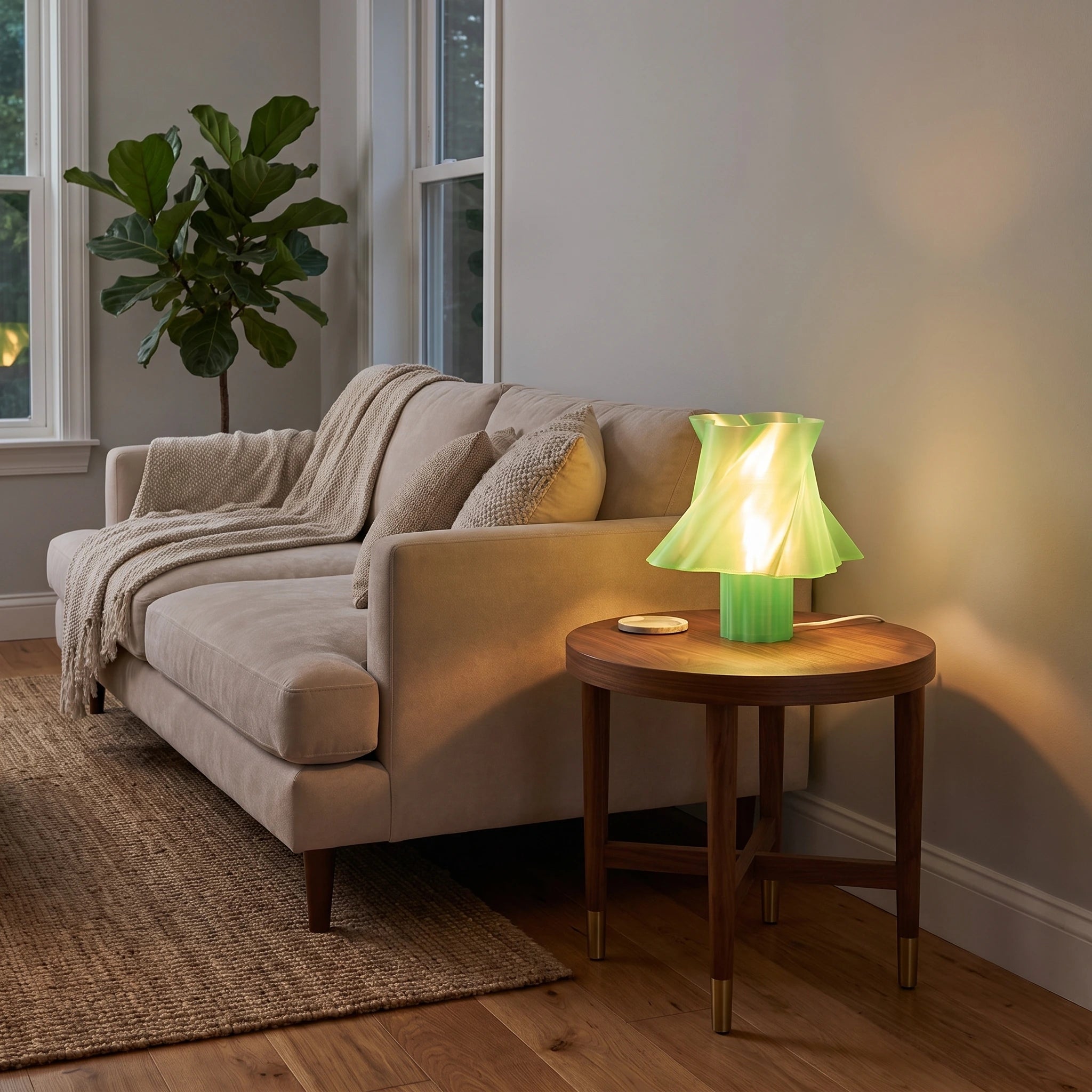 Lampe verte vert sauge allumée dans un intérieur design — luminaire made in France — LUMY PARIS