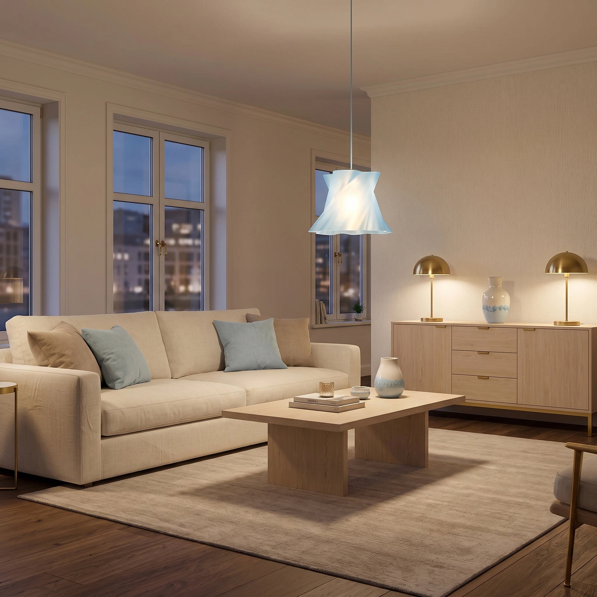 Suspension bleue design allumée — lustre contemporain made in France — LUMY PARIS