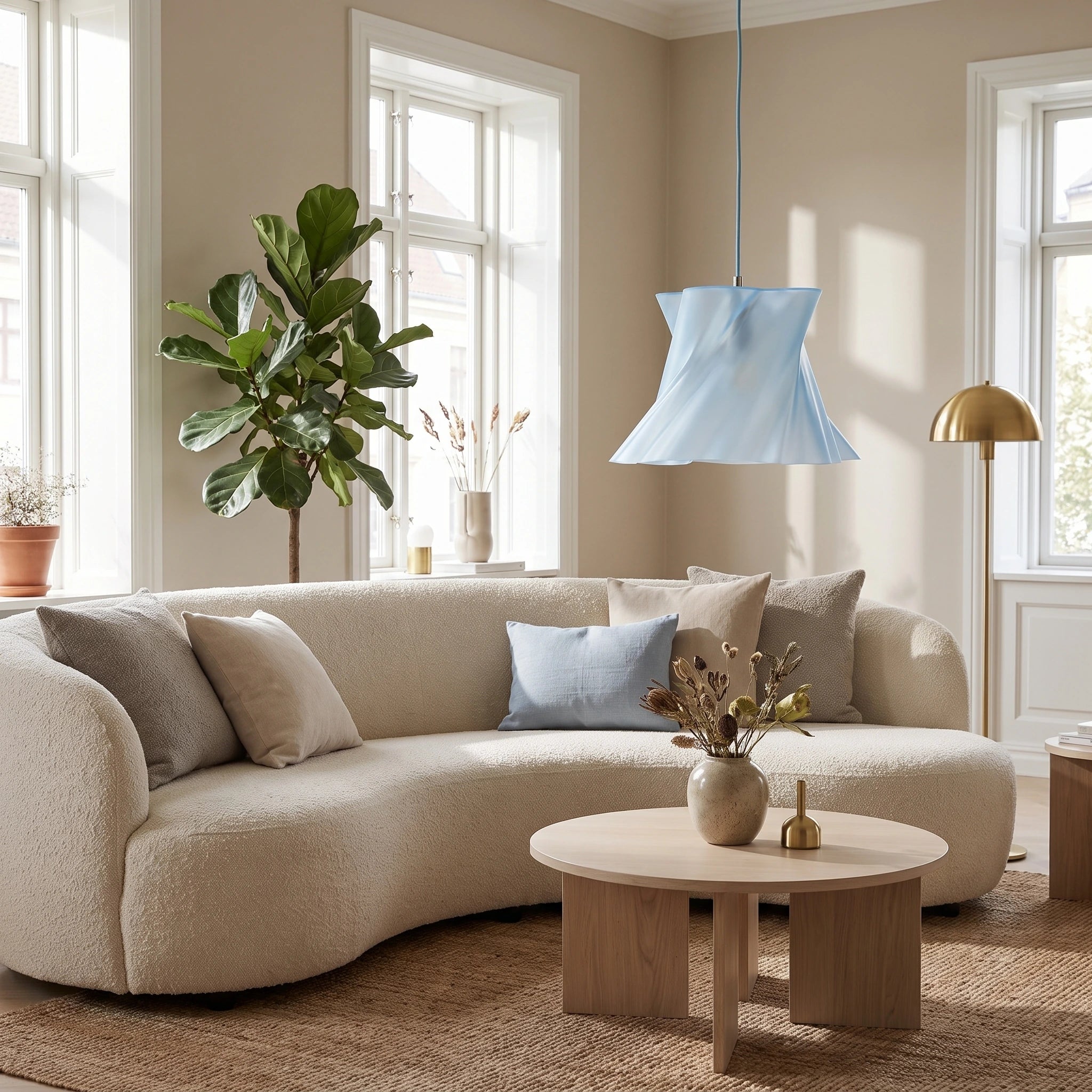Suspension bleue design éteinte sur fond blanc — lustre contemporain made in France — LUMY PARIS