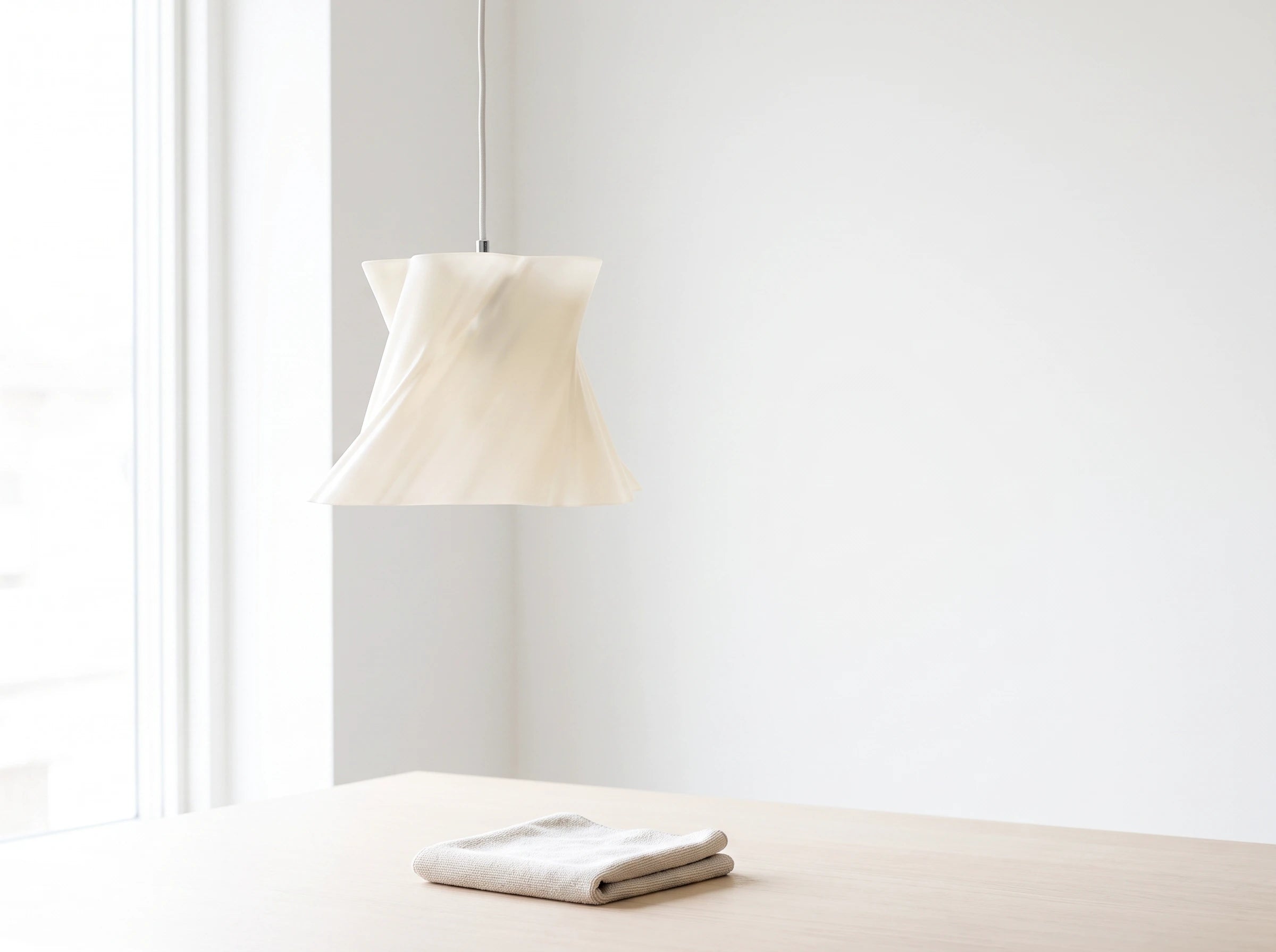 Suspension Cloud Dancer blanche éteinte au-dessus d'une table bois minimaliste — décoration épurée — LUMY PARIS