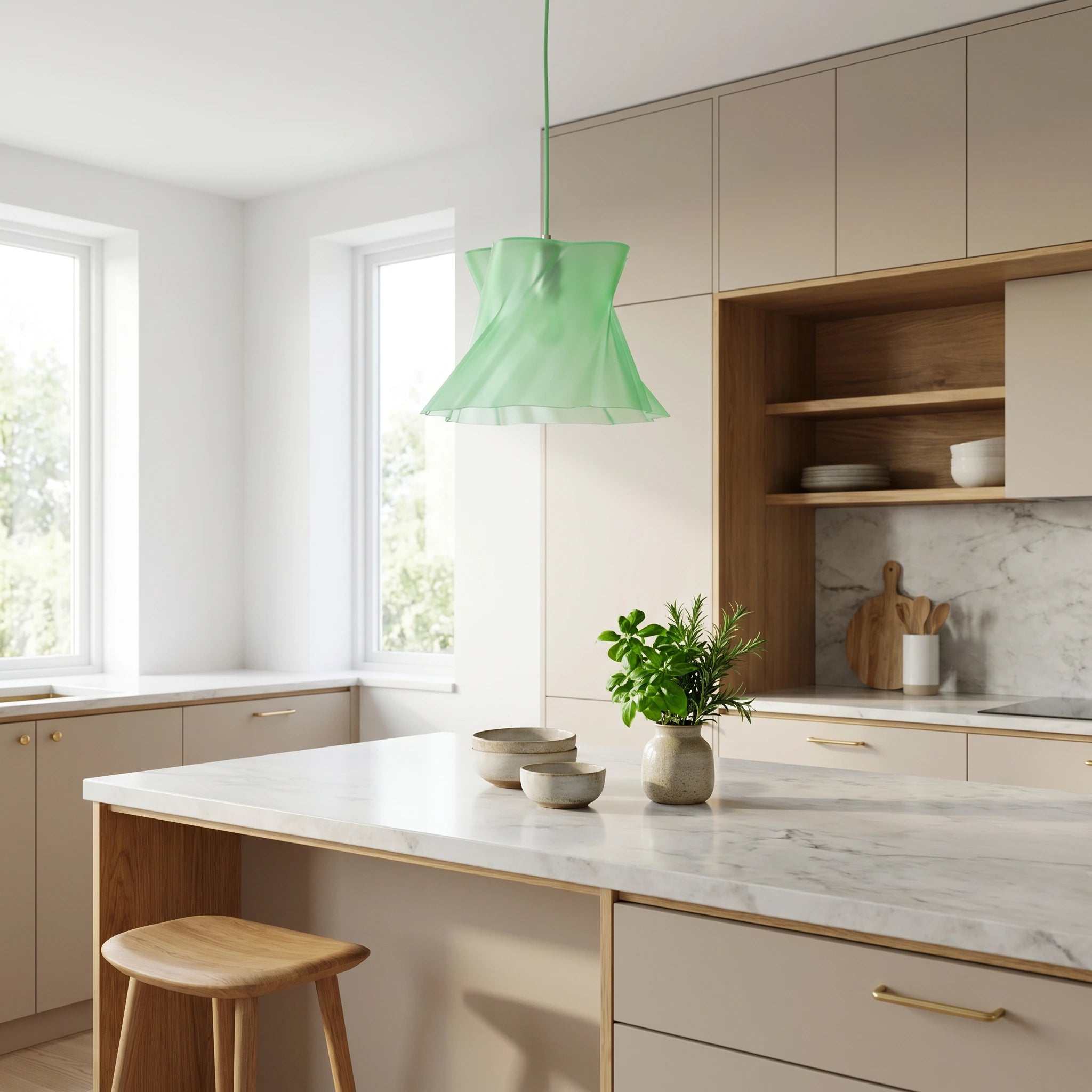 Suspension Cloud Dancer coloris vert dans une cuisine scandinave moderne avec îlot marbre — LUMY PARIS