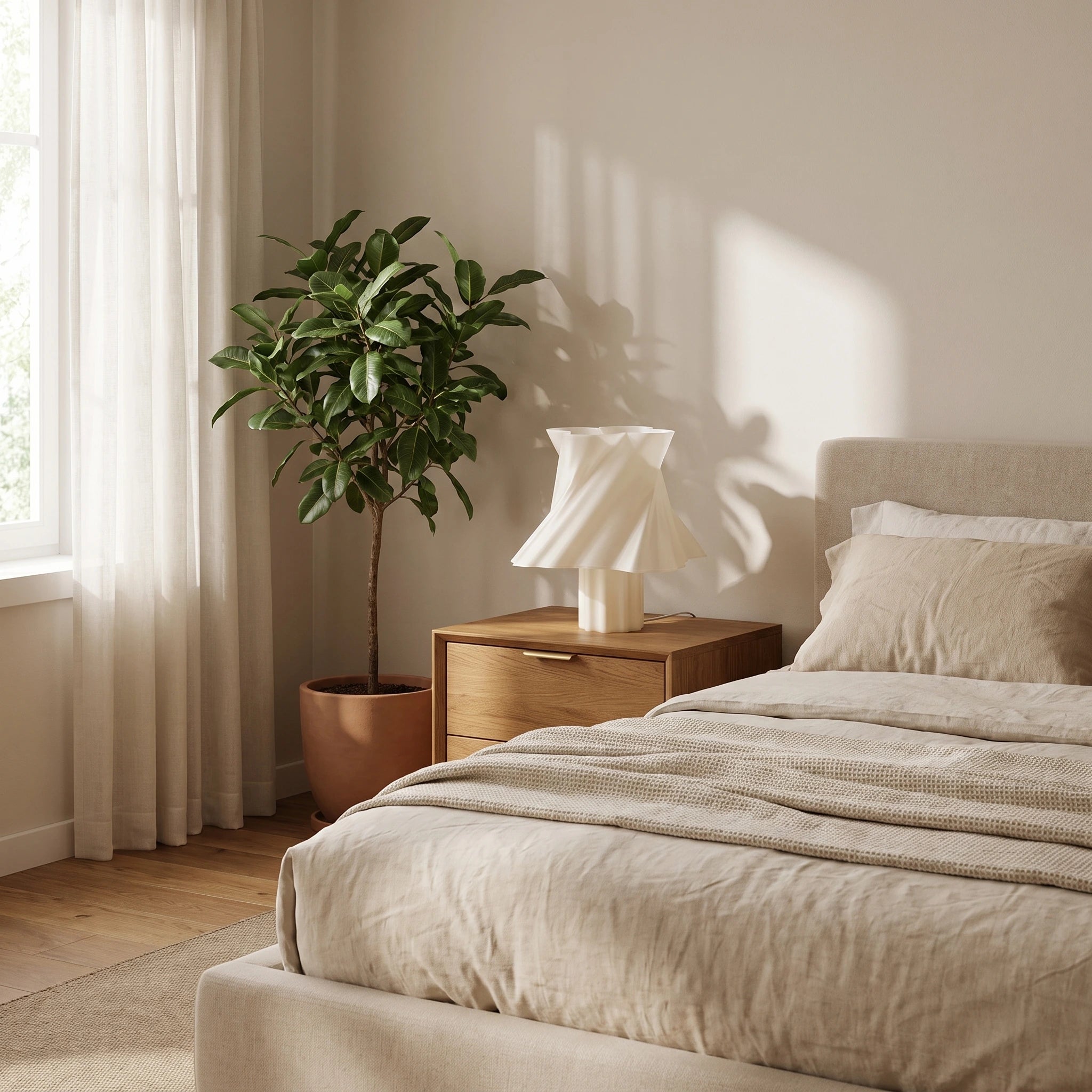 Lampe Cloud Dancer crème ivoire éteinte dans une chambre — lampe de chevet design made in France — LUMY PARIS
