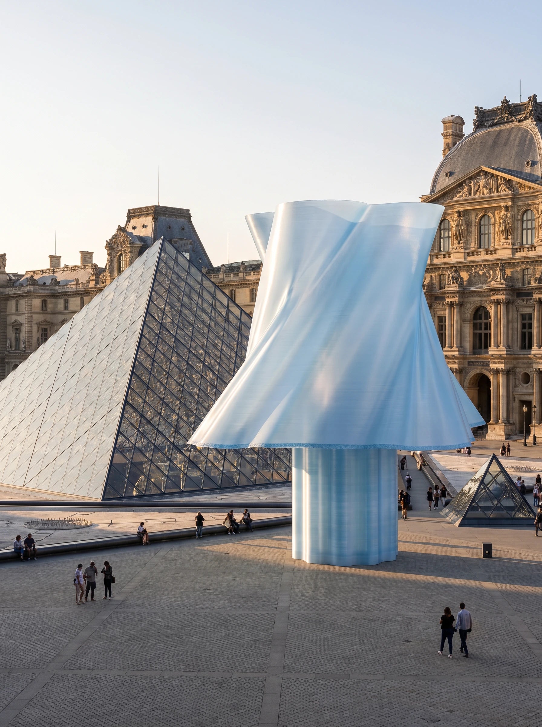 Grande lampe Cloud Dancer bleue mise en scène devant le Louvre à Paris — design made in France — LUMY PARIS
