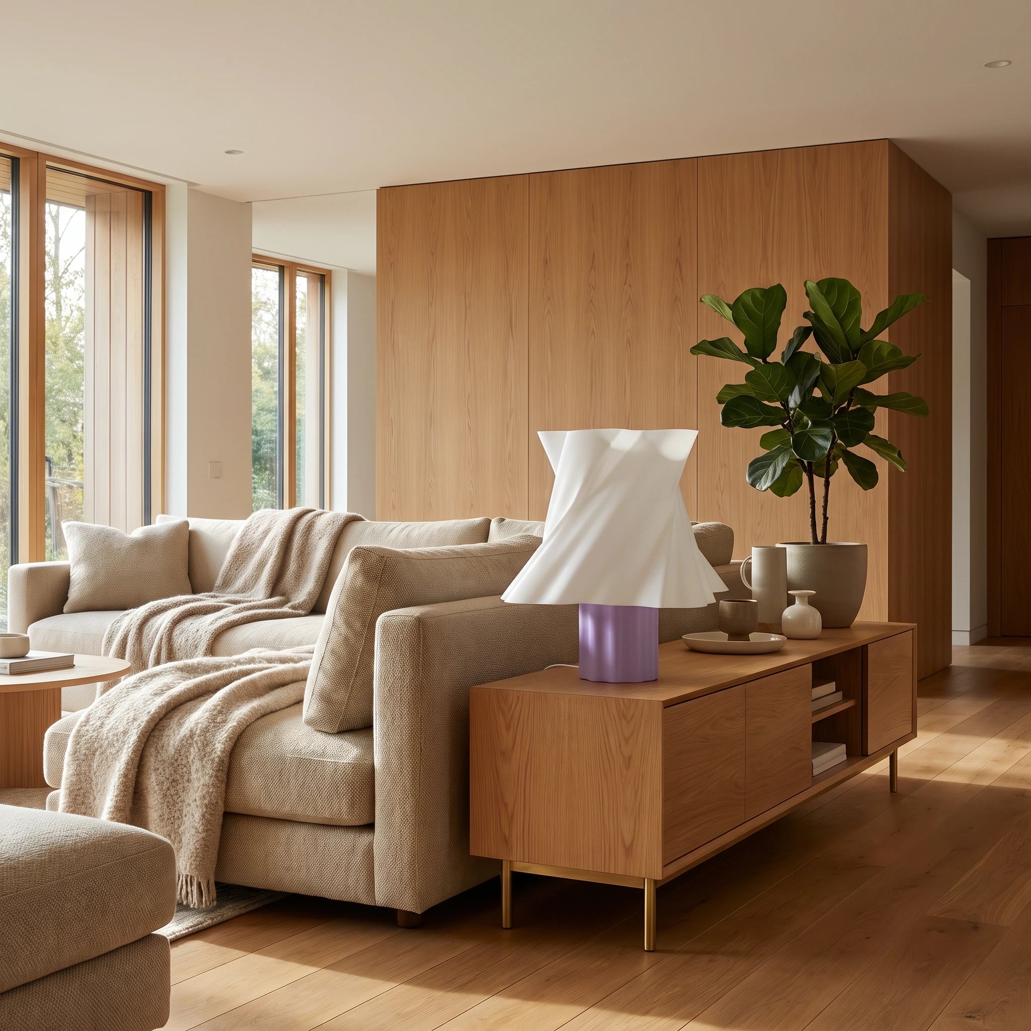 Lampe de table Cloud Dancer coloris mauve sur buffet bois avec vases céramiques — salon contemporain — LUMY PARIS