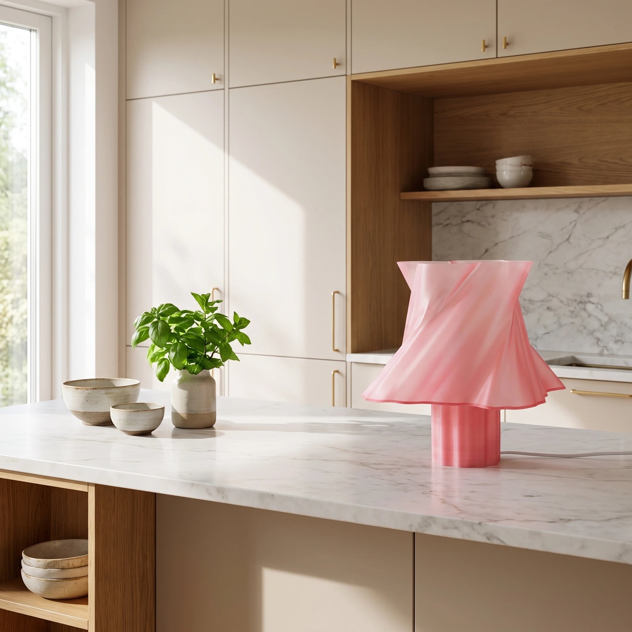 Lampe rose poudré design posée dans une cuisine — lampe à poser made in France — LUMY PARIS