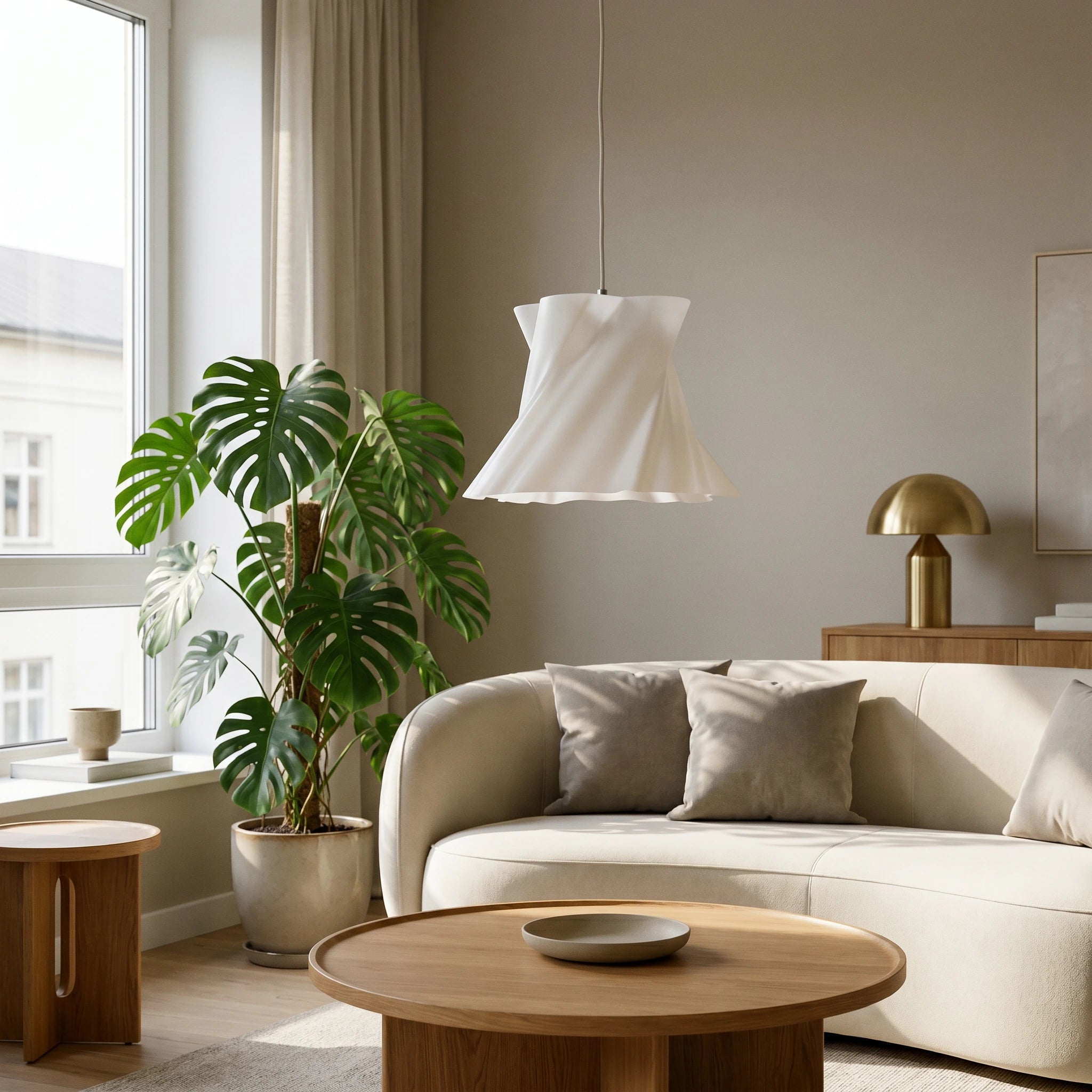 Suspension Cloud Dancer blanche éteinte dans un salon lumineux avec monstera — design contemporain — LUMY PARIS