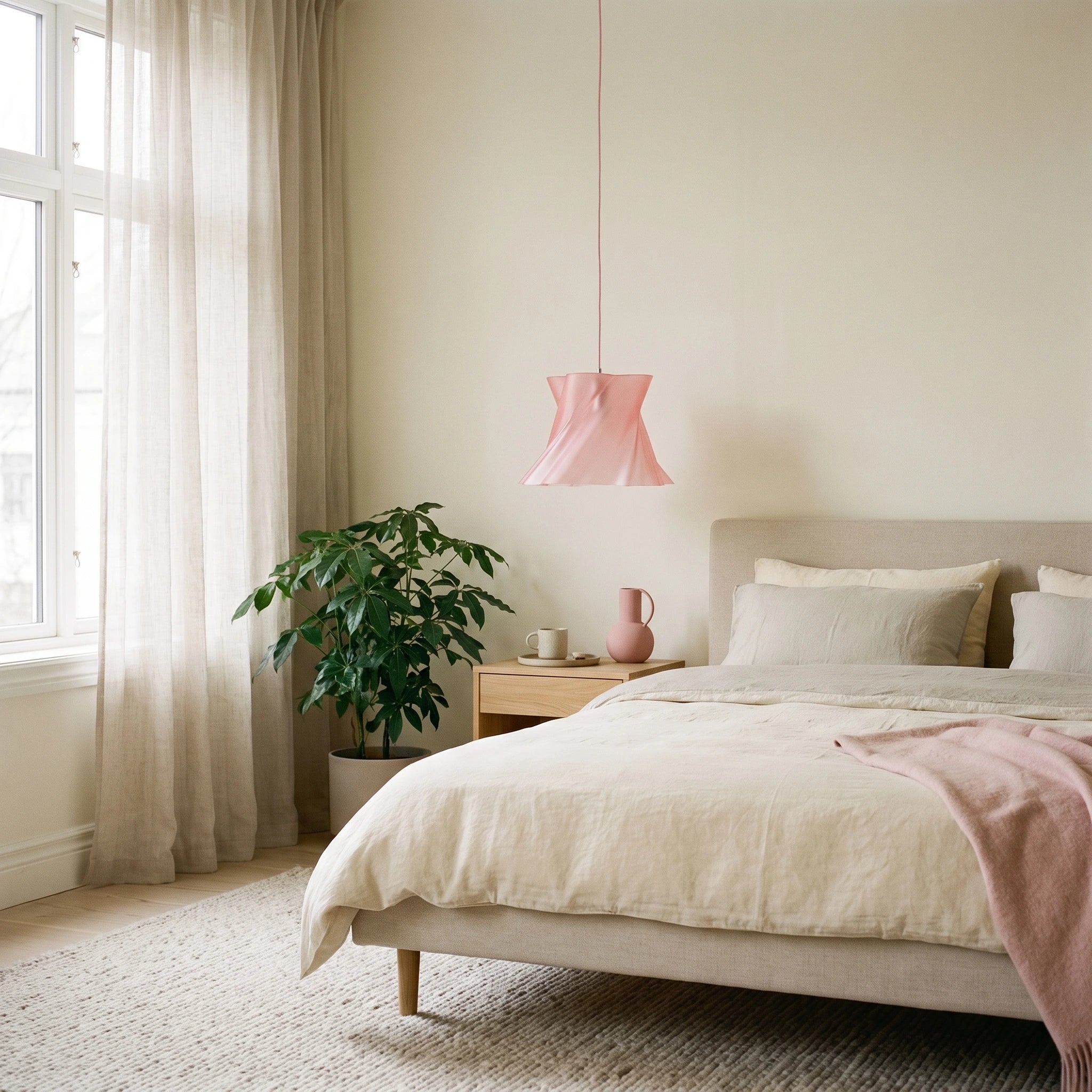 Suspension rose poudré design dans une chambre — lustre made in France — LUMY PARIS