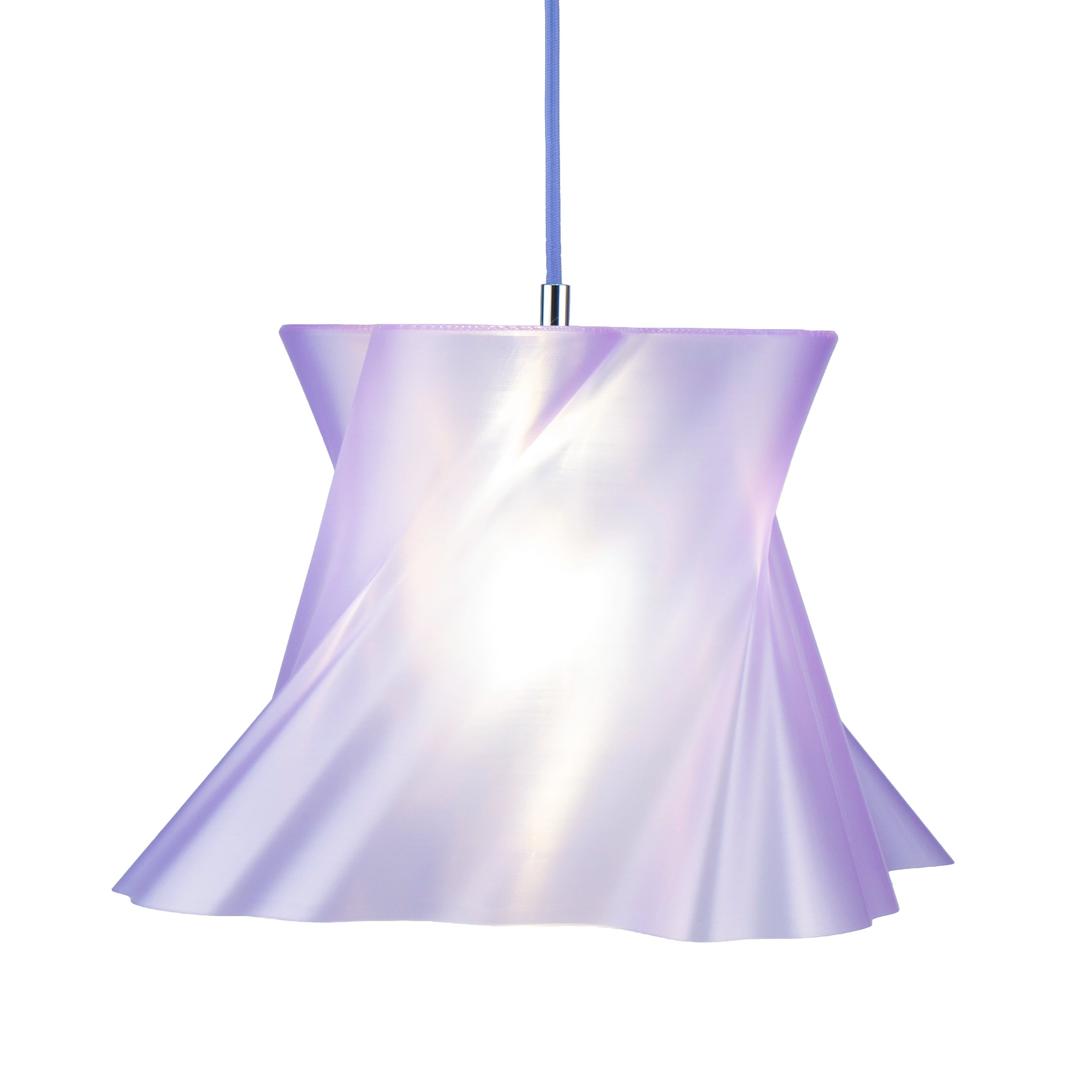 Grande suspension violette prune allumée, détail lumière — lustre made in France — LUMY PARIS